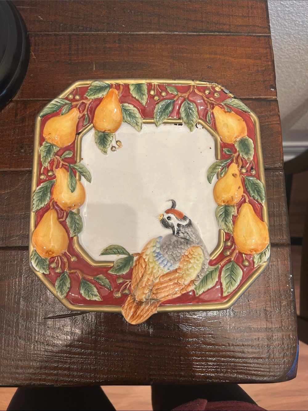 Fitz and Floyd Parrot & Pear Ceramic Serving Plate - Red, Yellow, Green